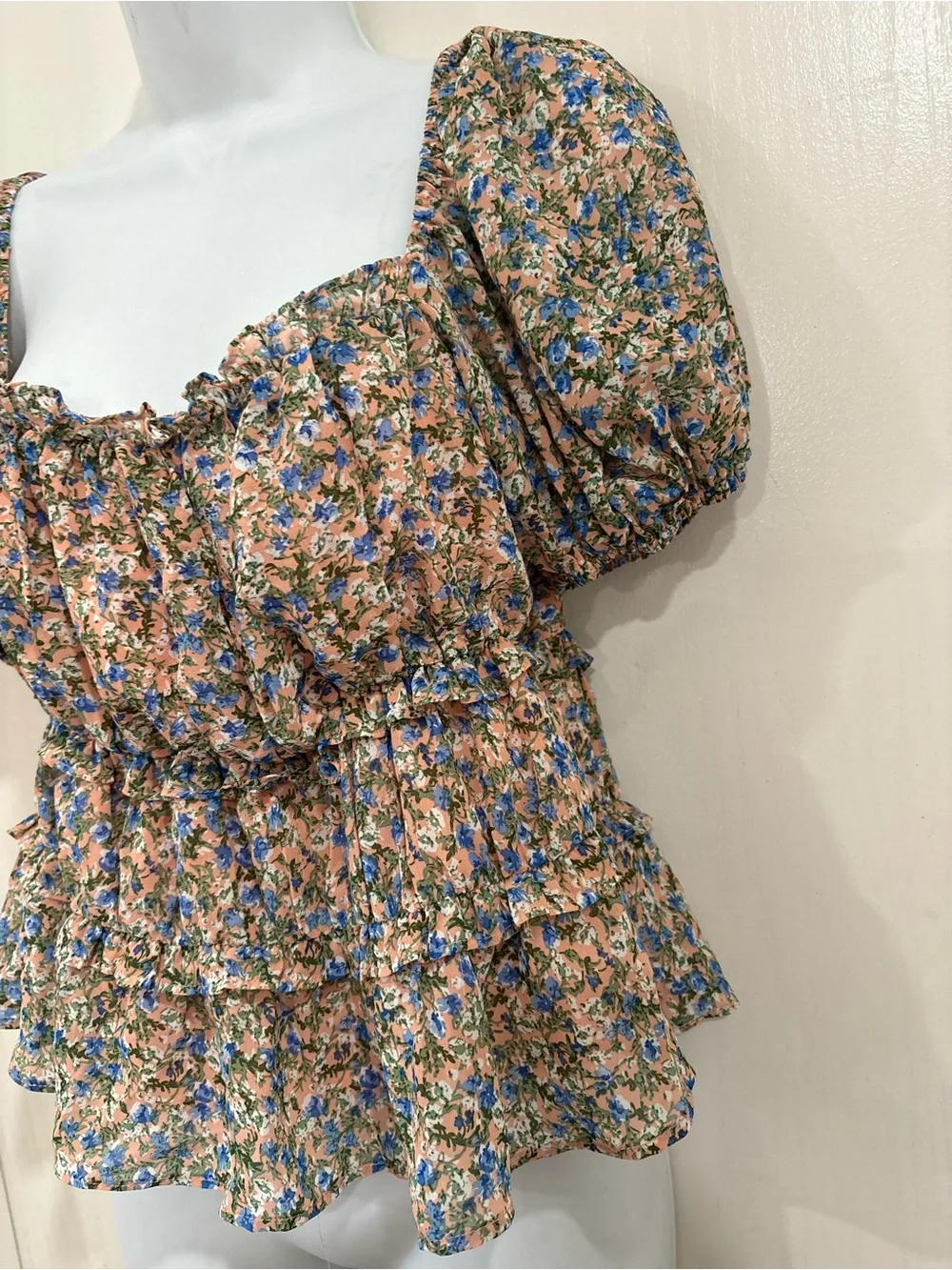 Astr Peach Floral Puff-Sleeve Peplum Top with Blue Flowers peasant baby doll